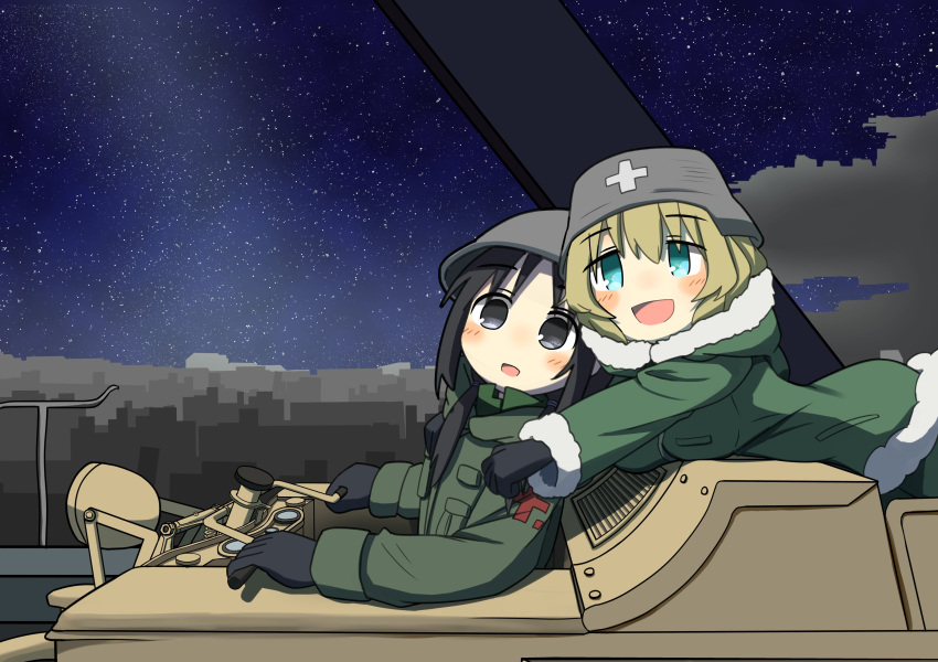 2girls absurdres black_eyes black_gloves black_hair blonde_hair blue_eyes blush chito_(shoujo_shuumatsu_ryokou) coat gloves green_coat helmet highres kettenkrad long_hair long_sleeves looking_away multiple_girls night night_sky noronyanko open_mouth outdoors shoujo_shuumatsu_ryokou sitting sky smile star_(sky) starry_sky yuuri_(shoujo_shuumatsu_ryokou)