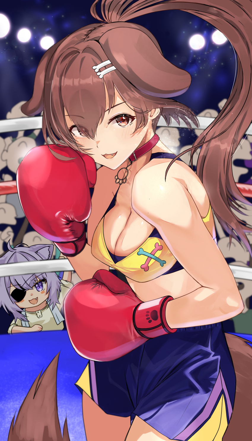 2girls absurdres animal_collar animal_ears bone_hair_ornament boxing boxing_gloves boxing_ring breasts brown_eyes brown_hair cat_ears cleavage collar dog_ears dog_girl eyepatch hair_ornament hairclip highres hololive inugami_korone listener_(inugami_korone) long_hair looking_at_viewer medium_breasts multiple_girls nekomata_okayu open_mouth ponytail purple_eyes purple_hair short_hair shorts smile solo_focus strapless tomo0843 towel towel_around_neck tube_top very_long_hair virtual_youtuber