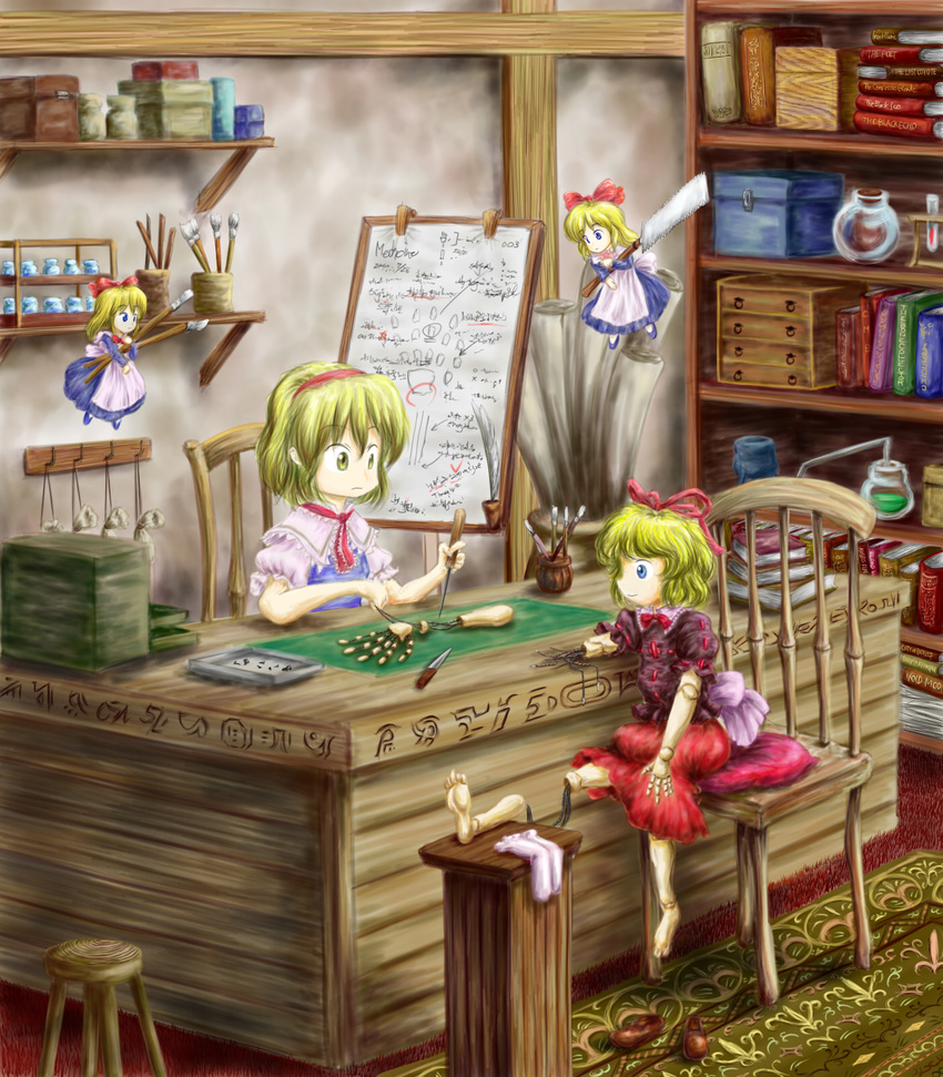 alice_margatroid art_brush bad_id bad_pixiv_id blonde_hair book bookshelf brush chair desk doll hairband highres long_hair medicine_melancholy multiple_girls nom_(shumneko) paintbrush ribbon saw shanghai_doll short_hair test_tube touhou