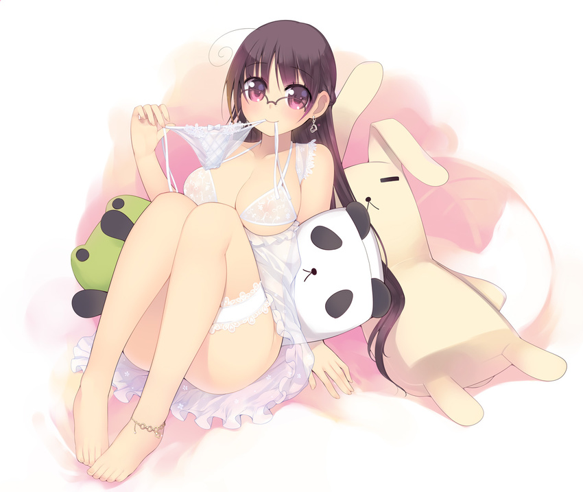 ahoge anklet arima_senne barefoot bra breasts chemise cleavage earrings frills gathers glasses highres jewelry kashiwamochi_yomogi lace leg_garter lingerie medium_breasts mouth_hold nipples original panties see-through side-tie_panties solo stuffed_animal stuffed_toy underwear white_bra white_panties