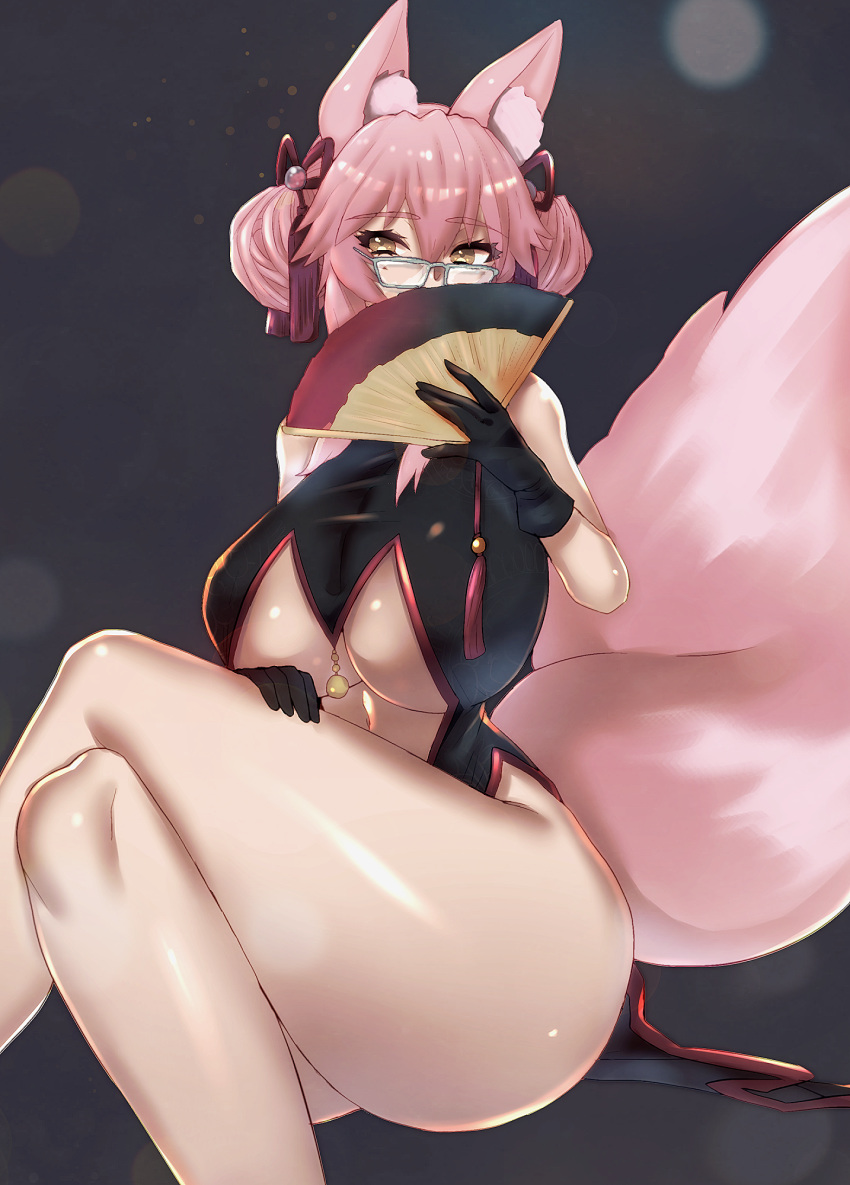 animal_ear_fluff animal_ears bangs bare_shoulders bell black_dress black_gloves breasts center_opening china_dress chinese_clothes commentary_request covering_mouth crossed_legs dress eyebrows_visible_through_hair fan fate/grand_order fate_(series) folding_fan fox_ears fox_girl fox_tail glasses gloves hair_between_eyes highres hips jingle_bell koyanskaya large_breasts long_hair looking_at_viewer pink_hair psyche_oreca sitting solo tail tassel thick_thighs thighs tied_hair underboob yellow_eyes