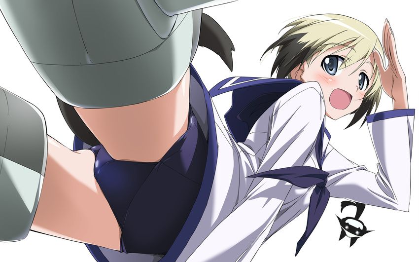 absurdres blonde_hair blue_eyes blush cosplay detexted erica_hartmann highres kurashima_tomoyasu miyafuji_yoshika miyafuji_yoshika_(cosplay) no_pants non-web_source object_on_head open_mouth panties panties_on_head school_swimsuit school_uniform serafuku short_hair silhouette_demon solo strike_witches striker_unit swimsuit swimsuit_under_clothes tail third-party_edit underwear vector_trace wardrobe_error world_witches_series