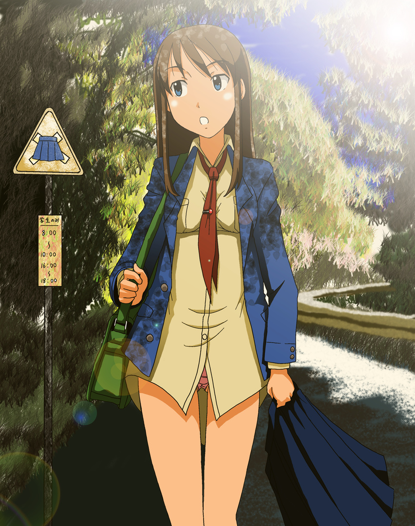 :o bag blue_eyes brown_hair day guard_rail highres holding_skirt kakkii lens_flare light necktie no_pants open_mouth original outdoors panties road school_uniform sign skirt skirt_removed sky solo sunlight thigh_gap translated tree tree_shade underwear