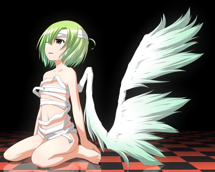 ahoge bandage_over_one_eye bandages barefoot checkered checkered_floor collarbone green_eyes green_hair naked_bandage natsu_no_koucha navel original perspective reflection seiza short_hair sideways_mouth single_wing sitting solo wings