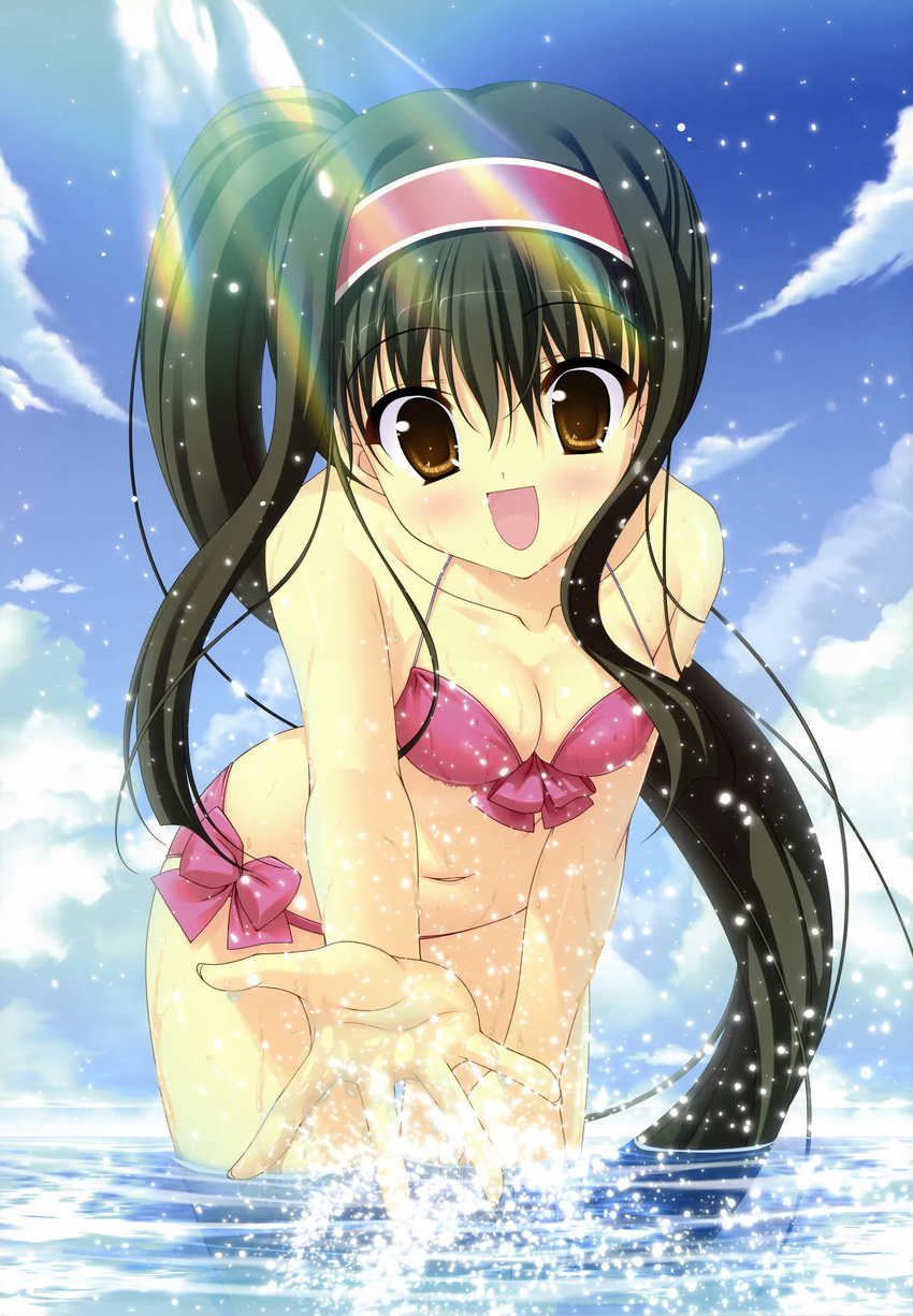 :d absurdres bikini black_hair breasts cleavage front-tie_top hairband highres long_hair medium_breasts mikanagi_ibuki navel open_mouth ponytail prism_magical side-tie_bikini smile solo splashing sunlight swimsuit tanihara_natsuki very_long_hair wading water