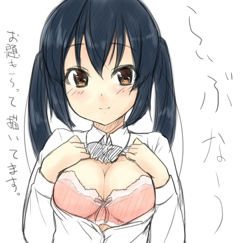 bad_id bad_pixiv_id black_hair blush bra breasts brown_eyes cleavage highres itou_ayachi k-on! lingerie long_hair looking_at_viewer medium_breasts nakano_azusa open_clothes open_shirt shirt sketch smile solo translation_request twintails underwear upper_body