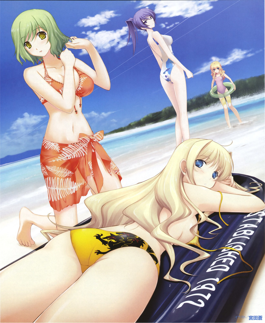 :o adjusting_hair artist_name ass back bangs barefoot beach bernadette_le_tigre_de_la_riviere bikini blonde_hair blue_eyes blue_hair blush breasts casual_one-piece_swimsuit cleavage closed_mouth cloud collarbone condensation_trail day front-tie_bikini front-tie_top green_hair groin helgarose_von_falkenmayer high_ponytail highres holding ilfriede_von_feulner inflatable_raft innertube kneeling kneepits large_breasts light_smile long_hair looking_back lunateresia_von_wizleben lying miyata_sou multiple_girls muvluv muvluv_alternative muvluv_total_eclipse navel ocean official_art on_stomach one-piece_swimsuit open_mouth orange_sarong outdoors ponytail print_bikini print_sarong print_swimsuit purple_swimsuit red_bikini sarong scan see-through short_hair sideboob sky small_breasts smile standing swimsuit the_euro_front thighs transparent untied untied_bikini very_long_hair wading water wavy_hair white_swimsuit yellow_bikini yellow_eyes