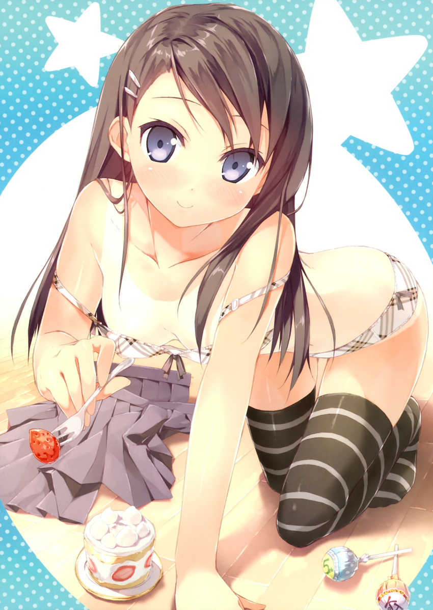 absurdres all_fours bare_shoulders black_hair blush bow bow_bra bow_panties bra breasts cake candy downblouse feeding food fork fruit hanging_breasts head_tilt highres kantoku lingerie lollipop long_hair looking_at_viewer miyaguchi_hiromi one-piece_tan original panties plaid plaid_bra plaid_panties pleated_skirt polka_dot polka_dot_background pov_feeding skirt small_breasts smile solo sponge_cake star strap_slip strawberry strawberry_shortcake striped striped_legwear tan tanline thighhighs underwear underwear_only white_bra white_panties