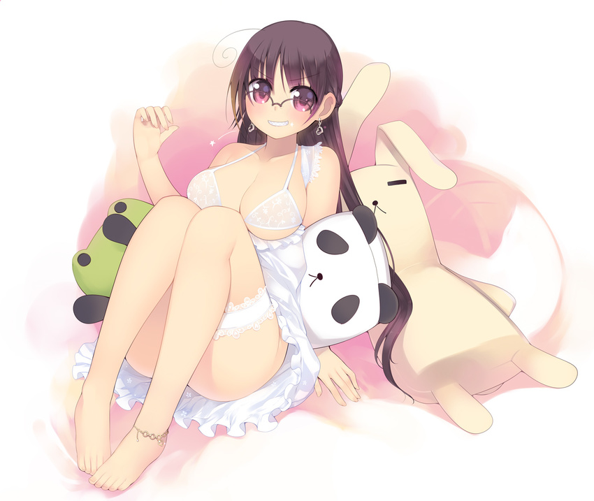 ahoge anklet arima_senne barefoot bottomless bra earrings frills gathers glasses grin highres jewelry kashiwamochi_yomogi lace lingerie no_nipples no_panties original sharp_teeth smile solo stuffed_animal stuffed_toy teeth underwear white_bra