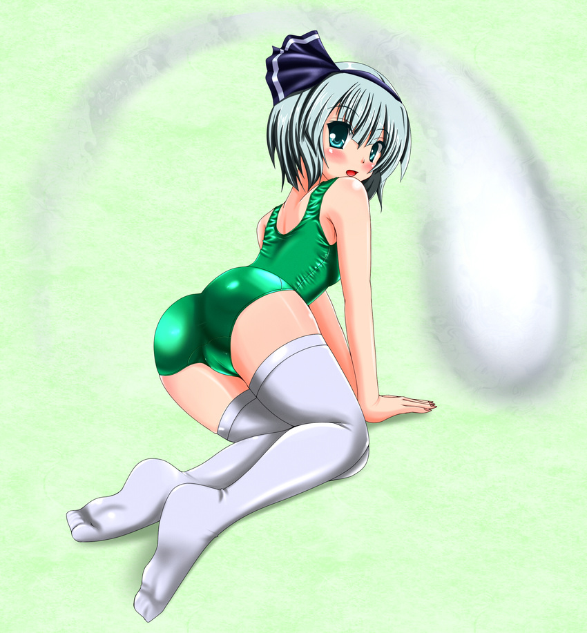 all_fours ass bad_id bad_pixiv_id blue_eyes blue_hair blush cameltoe ghost highres hitodama konpaku_youmu konpaku_youmu_(ghost) legs looking_back one-piece_swimsuit school_swimsuit shiny shiny_clothes short_hair skindentation solo swimsuit tera_hiroshi thighhighs touhou