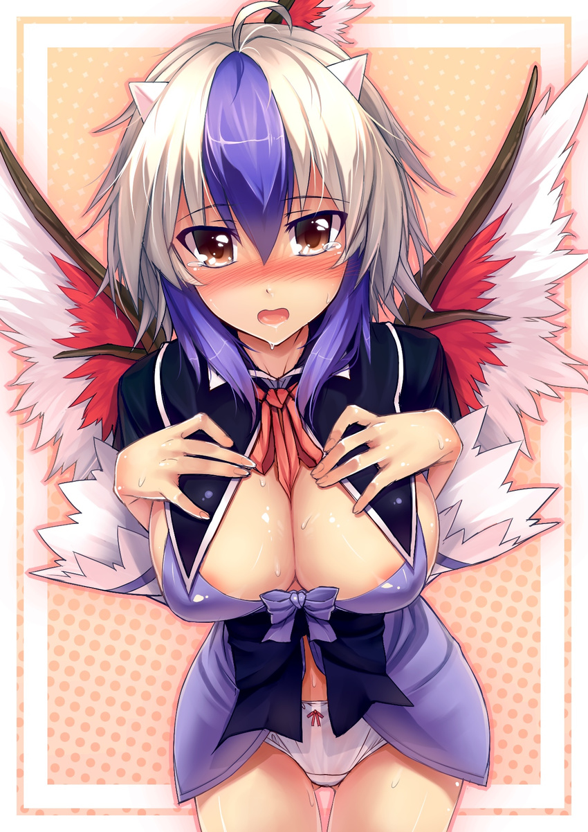 ahoge areolae blush bow bow_panties breasts brown_eyes cleavage eho_(icbm) head_wings highres horns large_breasts multicolored_hair open_clothes panties short_hair single_head_wing solo tears tokiko_(touhou) touhou underwear white_panties wings