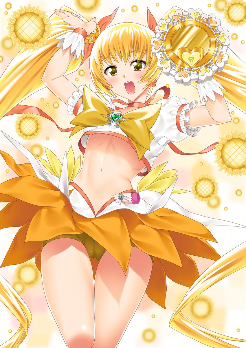 bike_shorts blonde_hair bow cameltoe choker cure_sunshine hair_ribbon heart heartcatch_precure! highres instrument long_hair magical_girl midriff myoudouin_itsuki orange_bow orange_choker orange_skirt precure ribbon shiny_tambourine shorts shorts_under_skirt skirt smile solo suzume_inui tambourine twintails very_long_hair yellow yellow_background yellow_bow yellow_eyes