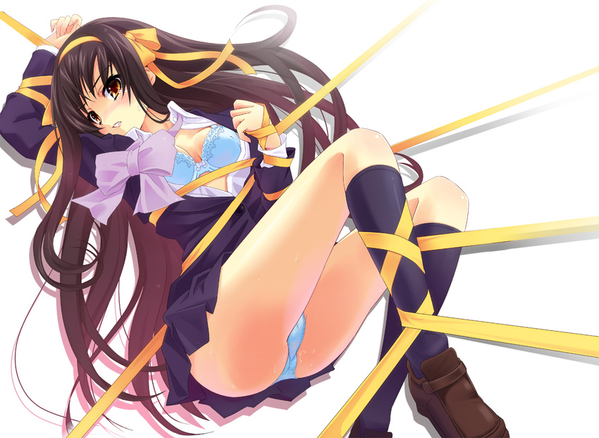 alternate_costume alternate_hairstyle bad_id bad_pixiv_id bdsm bondage bound bra brown_eyes brown_hair caution_tape hairband keep_out kouyouen_academy_uniform lingerie long_hair lying open_clothes open_shirt orange_hairband panties pantyshot pantyshot_(lying) pussy_juice ribbon ribbon_bondage school_uniform shirt solo suzumiya_haruhi suzumiya_haruhi_no_shoushitsu suzumiya_haruhi_no_yuuutsu underwear urabi_(tomatohouse)