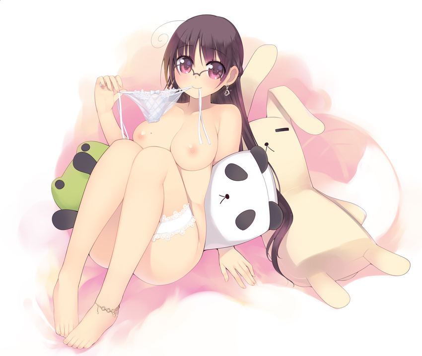 ahoge anklet arima_senne barefoot breasts earrings feet frills glasses highres jewelry kashiwamochi_yomogi lace leg_garter medium_breasts mole mole_on_breast mouth_hold nipples nude original panties side-tie_panties solo stuffed_animal stuffed_toy underwear white_panties