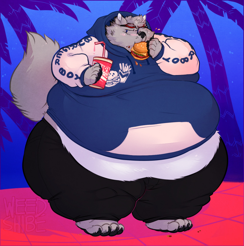 anthro barefoot belly belly_overhang big_belly big_butt blush burger butt canine cappuccino claws clothed clothing dripping eating eyewear food fur goggles goggles_on_head grey_fur holding_beverage holding_food holding_object hoodie huge_butt hyper hyper_belly love_handles male mammal midriff moobs obese obese_male overweight overweight_male palm_tree solo standing text thick_thighs toe_claws tree wide_hips wolf