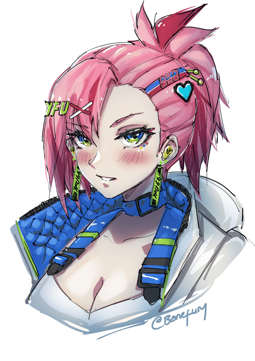 1girl absurdres banefury blue_eyes blush breasts character_name cleavage collarbone earrings green_eyes hair_behind_ear hair_ornament heart heart_hair_ornament highres indie_virtual_youtuber jacket jewelry looking_at_viewer multicolored_eyes multicolored_hair parted_lips pink_hair ponytail red_hair shirt sketch solo streaked_hair virtual_youtuber white_jacket white_shirt yfu