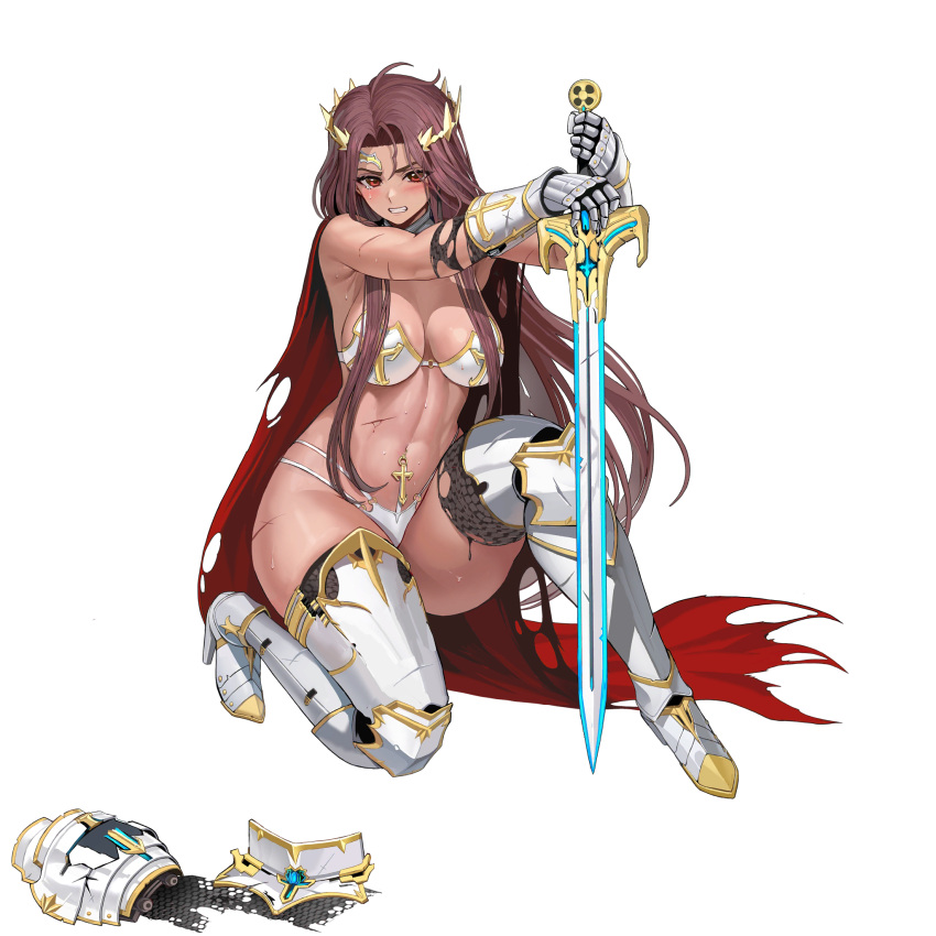 1girl adhesive_bra ahoge armor armored_boots armpit_crease blush boots bra breasts broken broken_armor broken_crown broken_sword broken_weapon cape circlet clenched_teeth convenient_censoring cross cuisses dark-skinned_female dark_skin defeat ear_piercing full_body game_cg gauntlets gold_trim gorget greaves highres holding holding_sword holding_weapon injury knight large_breasts last_origin linea_alba lips long_hair looking_at_viewer machinery naked_armor navel navel_piercing o-ring o-ring_bottom o-ring_top official_alternate_costume official_art one_knee pauldron_removed pauldrons piercing poleyn prester_johanna red_cape red_eyes red_hair sabaton scratches shoulder_armor single_pauldron single_tear skindentation solo strapless strapless_bra sweat sword tachi-e taesi teeth thick_eyebrows thick_thighs thighs thong torn_cape torn_clothes transparent_background underwear vambraces very_long_hair weapon white_armor white_bra