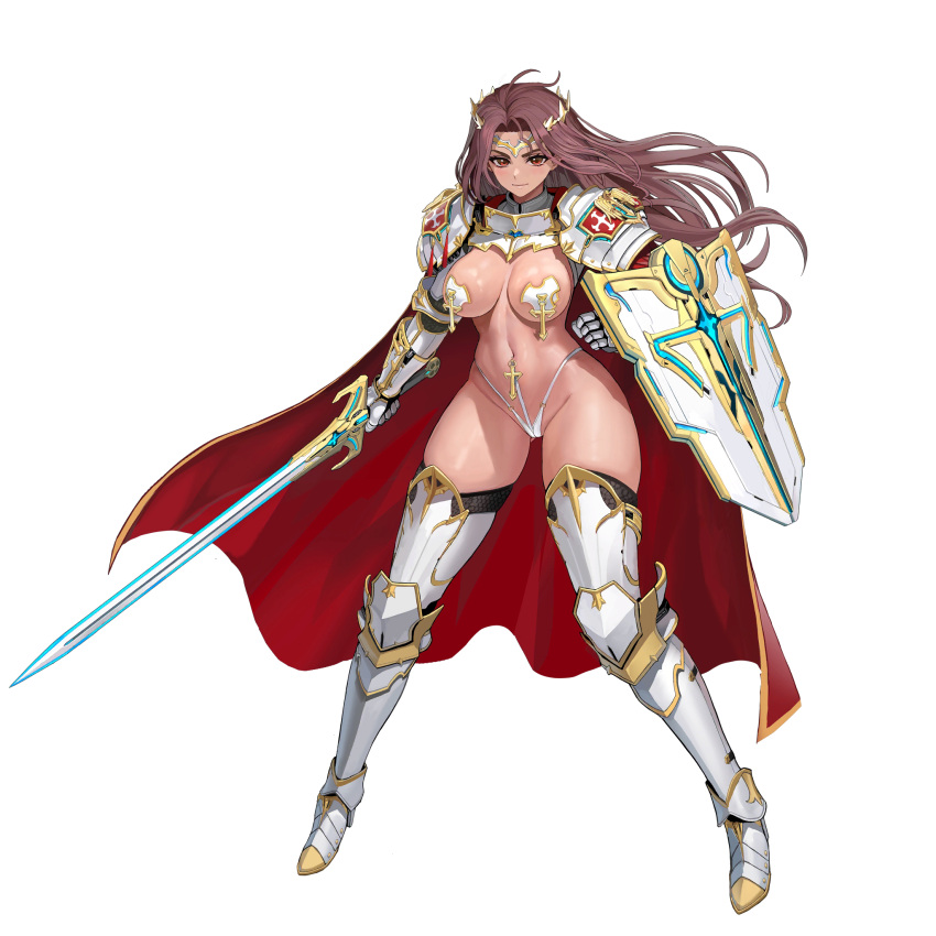 1girl ahoge arm_shield armor armored_boots ass_visible_through_thighs boots breasts cape circlet couter covered_nipples cross cuisses dark-skinned_female dark_skin ear_piercing full_body g-string game_cg gauntlets gold_trim gorget greaves highres holding holding_sword holding_weapon knight large_breasts last_origin light_smile linea_alba lips long_hair looking_at_viewer machinery naked_armor navel navel_piercing nipple_piercing o-ring o-ring_bottom official_alternate_costume official_art partially_visible_vulva pauldrons piercing poleyn prester_johanna red_cape red_eyes red_hair rerebrace sabaton shield shoulder_armor skindentation solo sword tabard tachi-e taesi thick_eyebrows thick_thighs thighs thong transparent_background vambraces very_long_hair weapon white_armor white_pasties