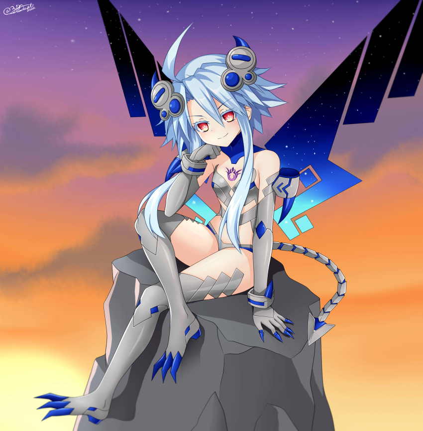 1girl absurdres alexstardust31 bare_shoulders blonde_hair blush boots breasts chest_tattoo choujigen_game_neptune clawed_boots clawed_gauntlets commentary crossed_legs demon_tail elbow_gloves elbow_rest energy_wings english_commentary full_body gloves hair_between_eyes hand_on_own_cheek hand_on_own_face hand_up head_rest headgear highres leg_up legs looking_at_viewer mechanical_tail midriff nepnep_connect:_chaos_chanpuru neptune_(series) outdoors power_symbol red_eyes revealing_clothes short_hair_with_long_locks sitting_on_rock small_breasts smile solo sunset symbol-shaped_pupils tail tattoo thigh_boots thighs white_heart white_heart_(chaos_form)