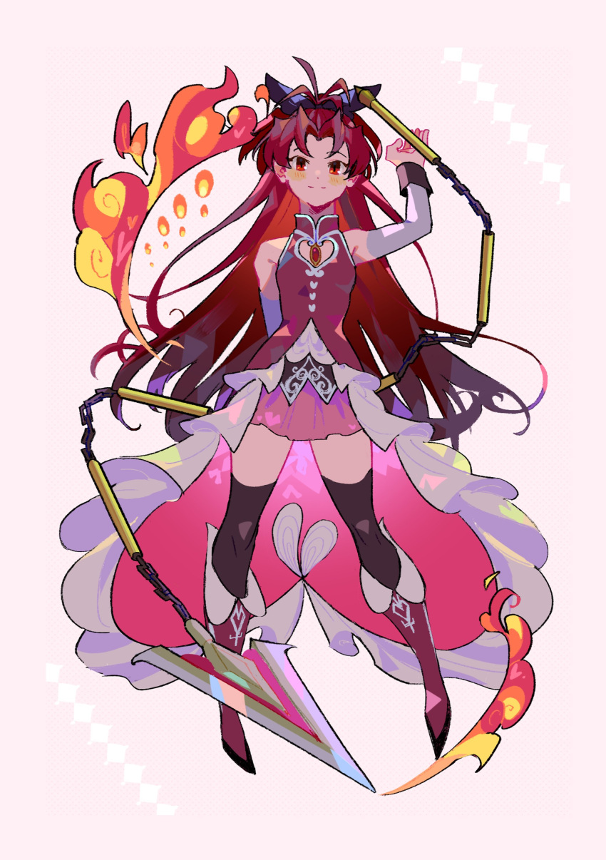 1girl absurdres antenna_hair arms_behind_back bare_shoulders black_bow black_thighhighs blush boots bow detached_sleeves fire hair_bow highres knee_boots light_smile long_hair looking_at_viewer magical_girl mahou_shoujo_madoka_magica pink_skirt polearm red_eyes red_footwear red_hair red_vest sakura_kyouko skirt solo soul_gem thighhighs thighs vest waist_cape weapon white_background white_sleeves yooki_(winter_cakes)