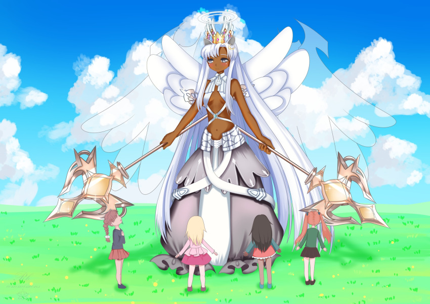 5girls angel_wings animal_ears blue_sky dark_skin green_background grey_eyes halo highres holding holding_staff lunabrie multiple_girls non-web_source sky staff white_hair wings wolf_ears wolf_girl yahweh