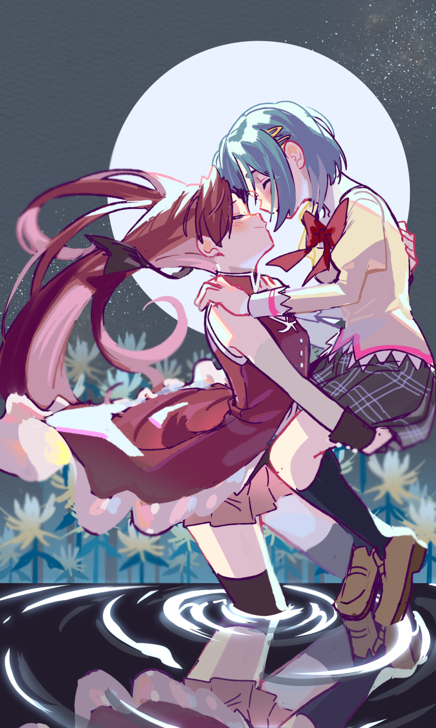 2girls absurdres black_bow black_socks black_thighhighs blue_hair blush bow brown_footwear carrying carrying_person closed_eyes dress forehead-to-forehead full_moon hand_on_back hands_on_another's_shoulders heads_together highres kneehighs loafers long_hair mahou_shoujo_madoka_magica medium_hair miki_sayaka mitakihara_school_uniform moon multiple_girls night red_dress red_hair red_skirt sakura_kyouko school_uniform shoes skirt smile socks thighhighs thighs wading water yooki_(winter_cakes)