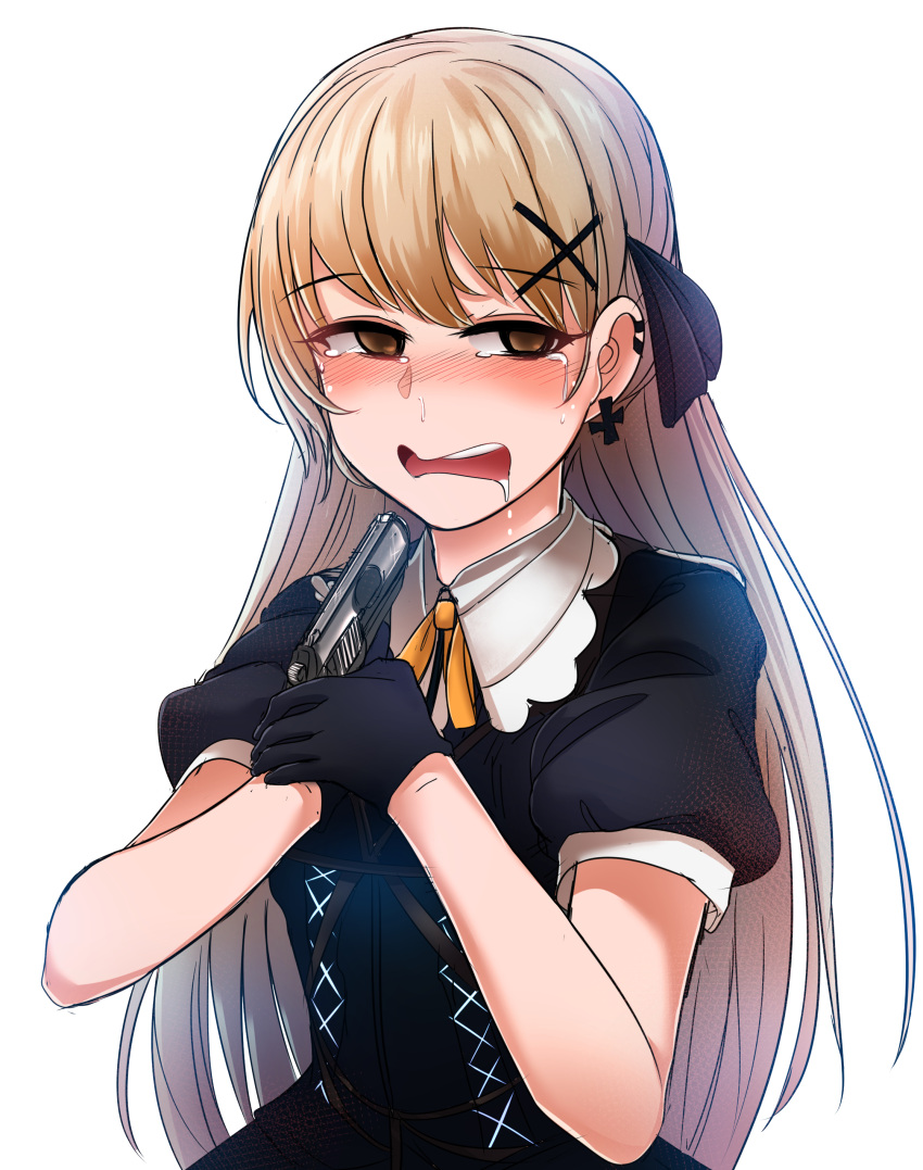 1girl absurdres blonde_hair blush brown_eyes crying crying_with_eyes_open earrings girls'_frontline gun handgun highres jewelry long_hair ppk_(girls'_frontline) puffy_short_sleeves puffy_sleeves short_sleeves solo tears very_long_hair walther walther_ppk weapon yellowseeds