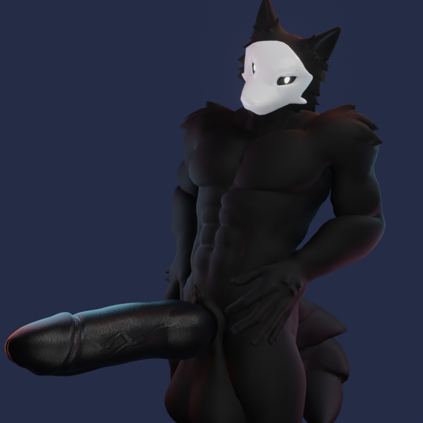 1:1 2021 3d_(artwork) anthro balls big_balls big_penis black_body black_fur blender_(software) canid canine canis changed_(video_game) digital_media_(artwork) erection fur genitals huge_balls huge_penis humanoid_genitalia humanoid_penis male mammal nude nude_male penis puro_(changed) rackoraccoon simple_background solo white_mask wolf wolf_(petruz)