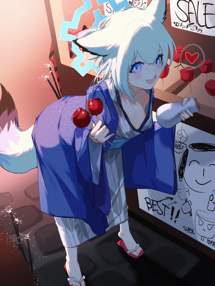 1girl :d absurdres animal_ears bath_yukata bent_over blue_archive blush bottle breasts candy_apple cleavage commentary commentary_request downblouse feet fireworks food green_hair grey_kimono halo heart highres holding holding_bottle holding_food japanese_clothes kimono looking_at_viewer official_alternate_costume plentyofempty purple_eyes sandals shigure_(blue_archive) shigure_(hot_spring)_(blue_archive) smile solo sparkler spoken_heart standing stone_floor symbol-only_commentary tail toes yagasuri yukata