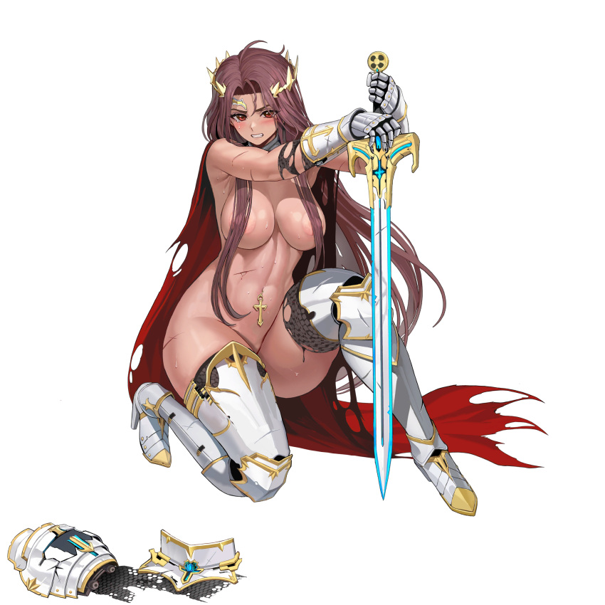 1girl ahoge armor armored_boots armpit_crease blush boots breasts broken broken_armor broken_crown broken_sword broken_weapon cape circlet clenched_teeth convenient_censoring covered_nipples cross cuisses dark-skinned_female dark_skin defeat ear_piercing full_body game_cg gauntlets gold_trim gorget greaves highres holding holding_sword holding_weapon injury knight large_areolae large_breasts last_origin linea_alba lips long_hair looking_at_viewer machinery naked_armor navel navel_piercing official_alternate_costume official_art one_knee partially_visible_vulva pauldron_removed pauldrons piercing poleyn prester_johanna red_cape red_eyes red_hair sabaton scratches shoulder_armor single_pauldron single_tear skindentation solo sweat sword tachi-e taesi teeth thick_eyebrows thick_thighs thighs torn_cape torn_clothes transparent_background vambraces very_long_hair weapon white_armor