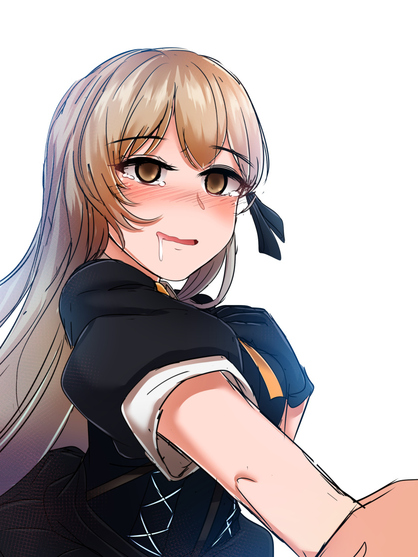 1girl absurdres blonde_hair blush brown_eyes crying crying_with_eyes_open drooling earrings girls'_frontline gun handgun highres holding_hands jewelry long_hair ppk_(girls'_frontline) puffy_short_sleeves puffy_sleeves short_sleeves smile solo_focus tears very_long_hair walther walther_ppk weapon yellowseeds