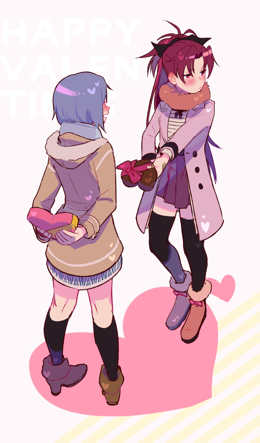 2girls absurdres alternate_costume antenna_hair arms_behind_back bandaid bandaid_on_hand black_bow black_socks black_thighhighs blue_hair blue_scarf blush boots bow brown_footwear cape coat english_text fur-trimmed_boots fur-trimmed_hood fur_trim happy_valentine heart heart_print highres hood kneehighs long_hair looking_away mahou_shoujo_madoka_magica medium_hair miki_sayaka multicolored_cape multicolored_clothes multiple_girls ponytail red_bow red_eyes red_hair red_skirt sakura_kyouko scarf skirt socks thighhighs valentine white_background yooki_(winter_cakes) zettai_ryouiki