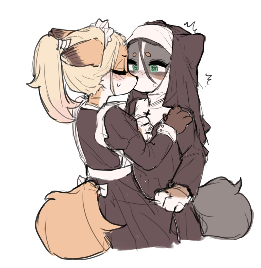 anthro blush canid canine canis circle_eyebrows clothing crayon_(artist) domestic_dog eyebrows female female/female fox hi_res kissing maid_uniform mammal nun simple_background uniform white_background