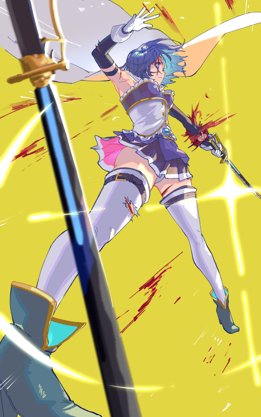 1girl ass_visible_through_thighs blood blood_on_arm blood_on_face blood_on_leg blood_spray blue_eyes blue_hair blue_skirt blurry blurry_foreground cape corset cuts detached_sleeves dutch_angle elbow_gloves expressionless foreshortening from_below gloves hands_up highres holding holding_sword holding_weapon injury legs_apart magical_girl mahou_shoujo_madoka_magica miki_sayaka panties pantyshot planted planted_sword pointing_sword pointing_weapon saber_(weapon) short_hair simple_background skirt sleeveless solo standing sword thighhighs thighs torn_clothes torn_legwear underwear upskirt weapon white_cape white_corset white_gloves white_panties white_thighhighs wind wind_lift yellow_background yooki_(winter_cakes)
