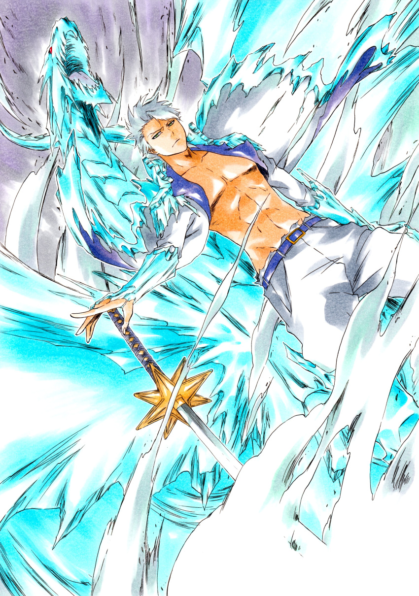 1boy abs absurdres aged_up bleach cryokinesis green_eyes highres hitsugaya_toushirou ice katana ken'ichi_(ken1ro_u) looking_at_viewer male_focus muscular muscular_male solo solo_focus sword weapon white_hair zanpakutou