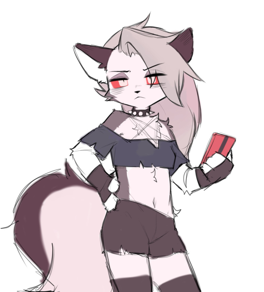 anthro canid canid_demon cellphone clothing crayon_(artist) demon female fingerless_gloves fur gloves handwear hellhound hi_res looking_at_viewer mammal phone red_eyes simple_background smartphone solo white_background white_body white_fur