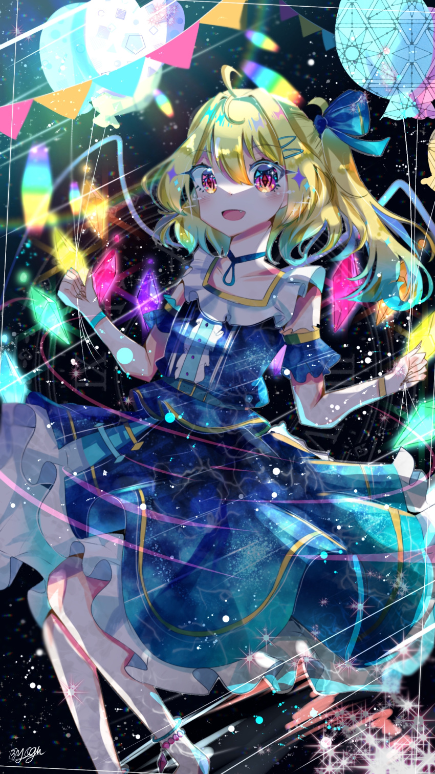 1girl absurdres alternate_costume back_bow blonde_hair blue_skirt bow collarbone dark_background fang feet_out_of_frame flandre_scarlet frilled_skirt frills garland_(decoration) glowing glowing_wings hair_between_eyes highres looking_at_another medium_hair multicolored_wings no_headwear norua open_mouth red_eyes side_ponytail skirt solo symbol-shaped_pupils touhou wings