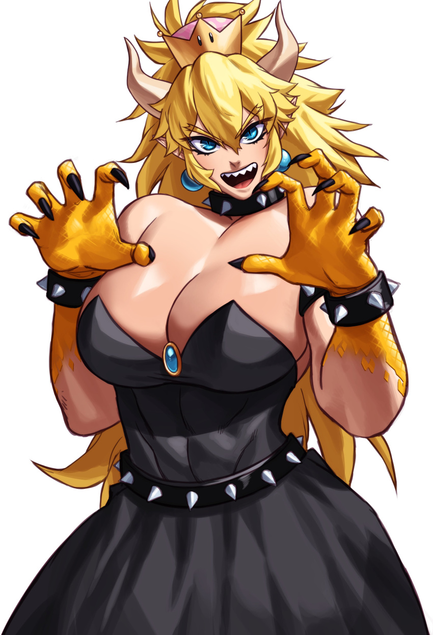 1girl absurdres armlet bare_shoulders black_collar black_dress blonde_hair blue_eyes bowsette bracelet breasts cleavage collar crown dress earrings highres horns jewelry long_hair looking_at_viewer mario_(series) new_super_mario_bros._u_deluxe pointy_ears ponytail sharp_teeth solo sotcho spiked_armlet spiked_bracelet spiked_collar spikes strapless strapless_dress super_crown teeth