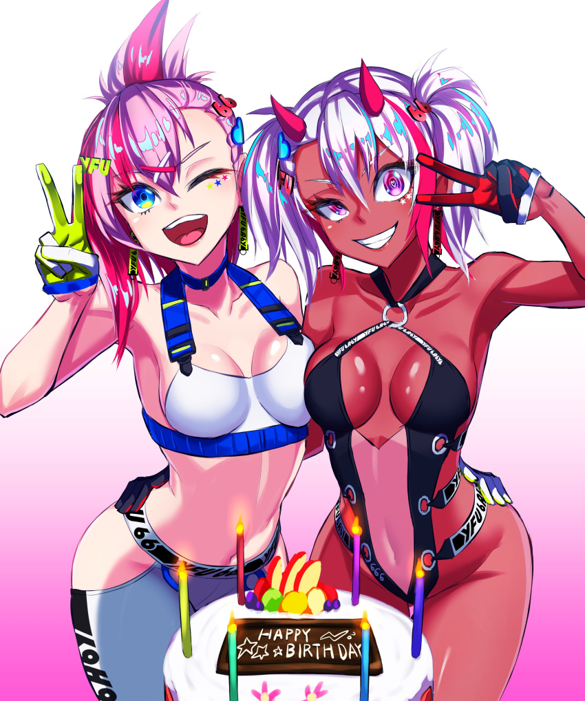 2girls absurdres black_gloves black_one-piece_swimsuit blue_eyes breasts breasts_apart collarbone colored_skin commission covered_navel dual_persona gloves green_gloves halterneck highres hip_vent horns indie_virtual_youtuber looking_at_viewer medium_breasts midriff multicolored_hair multiple_girls navel o-ring one_eye_closed open_mouth pants pink_hair ponytail red_gloves red_hair red_skin samael_(5211) skeb_commission smile sports_bra streaked_hair swimsuit twintails two-tone_gloves v virtual_youtuber white_gloves white_hair white_pants white_sports_bra yfu yoga_pants