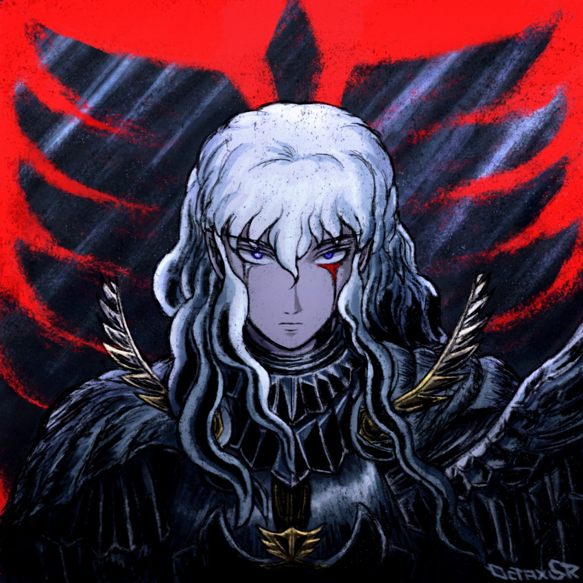 1boy armor artist_name berserk blood blood_from_eyes blue_eyes commentary crying crying_with_eyes_open english_commentary facing_viewer griffith_(berserk) highres long_hair looking_at_viewer male_focus red_background shoulder_armor solo solo_focus tax_oc tears wavy_hair white_hair