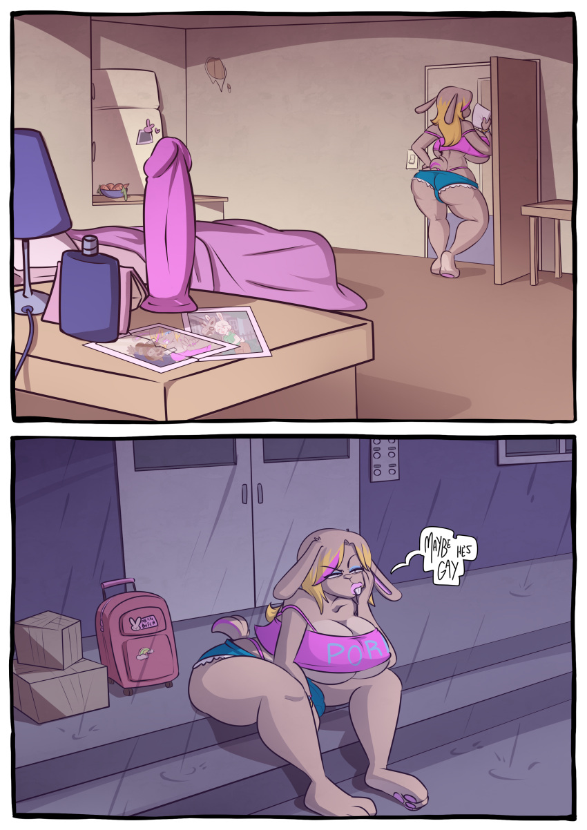 2020 absurd_res anthro appliance backpack bed big_breasts big_bulge big_butt blonde_hair blonde_highlights bottomwear box breasts brown_body brown_fur brown_hair bubble_butt buckteeth bulge butt cath_(pork_eh) cerealharem_(artist) cleavage clothed clothing comic container crop_top curvaceous curvy_figure cutoffs denim denim_clothing detailed_background dialogue digital_drawing_(artwork) digital_media_(artwork) dildo english_text eyelashes eyeshadow feet floppy_ears fluffy fluffy_tail fridge fur furniture gynomorph hair hand_on_hip hand_on_own_hip hi_res highlights_(coloring) hourglass_figure huge_breasts huge_butt inside intersex kitchen_appliance lagomorph leporid lipstick long_hair lube lube_bottle makeup mammal midriff multicolored_body multicolored_fur multicolored_hair off_shoulder outside patch_(pork_eh) pawpads photo pink_hair pink_highlights pink_lipstick pork_(cerealharem) rabbit raining sex_toy shirt short_tail shorts sitting skimpy small_waist solo tan_body tan_fur teal_eyes teeth text thick_thighs thong thong_straps toes topwear two_tone_body two_tone_fur under_boob underwear voluptuous webcomic wide_hips wink_(pork_eh)