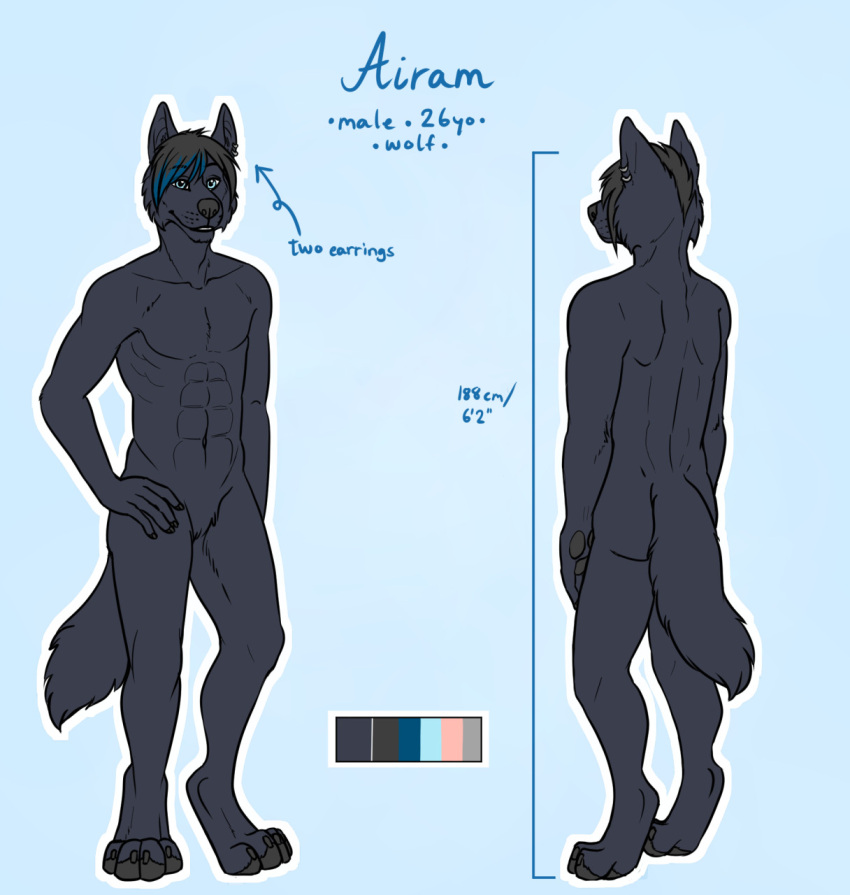 airam anthro athletic athletic_anthro athletic_male black_body black_fur black_hair blue_eyes butt canid canine canis claws color_swatch digitigrade ear_piercing ear_ring english_text featureless_crotch fur gaikotsu hair hand_on_leg hand_on_thigh hi_res highlights_(coloring) male mammal model_sheet nude outline pawpads piercing ring_piercing smile solo text toe_claws white_outline wolf