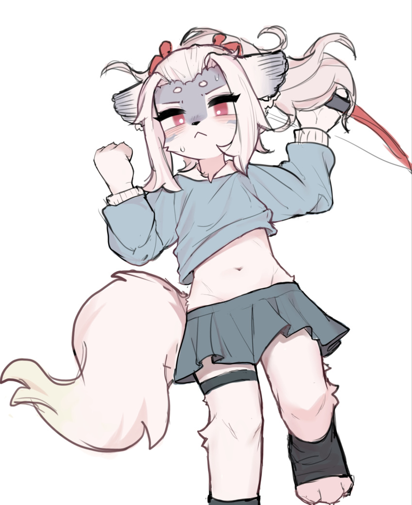 anthro blush bodily_fluids bottomwear bow_(weapon) canid canine canis circle_eyebrows clothing crayon_(artist) eyebrows female hakuro_(onmyoji) hi_res inner_ear_fluff mammal pawpads ranged_weapon simple_background skirt solo sweat tuft weapon white_background wolf