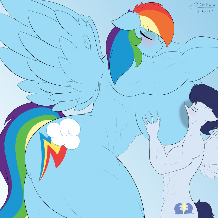 5_fingers abs absurd_res anthro anthro_on_anthro astrum_(artist) blue_body blue_feathers blue_hair blush breast_play breast_suck breasts cutie_mark digital_media_(artwork) equid equine eyelashes eyes_closed feathered_wings feathers female fingers friendship_is_magic hair hasbro hi_res larger_female male male/female mammal multicolored_hair multicolored_tail muscular muscular_anthro muscular_female muscular_male my_little_pony pegasus rainbow_dash_(mlp) rainbow_hair rainbow_tail size_difference smaller_male soarin_(mlp) sucking wide_hips wings wonderbolts_(mlp)