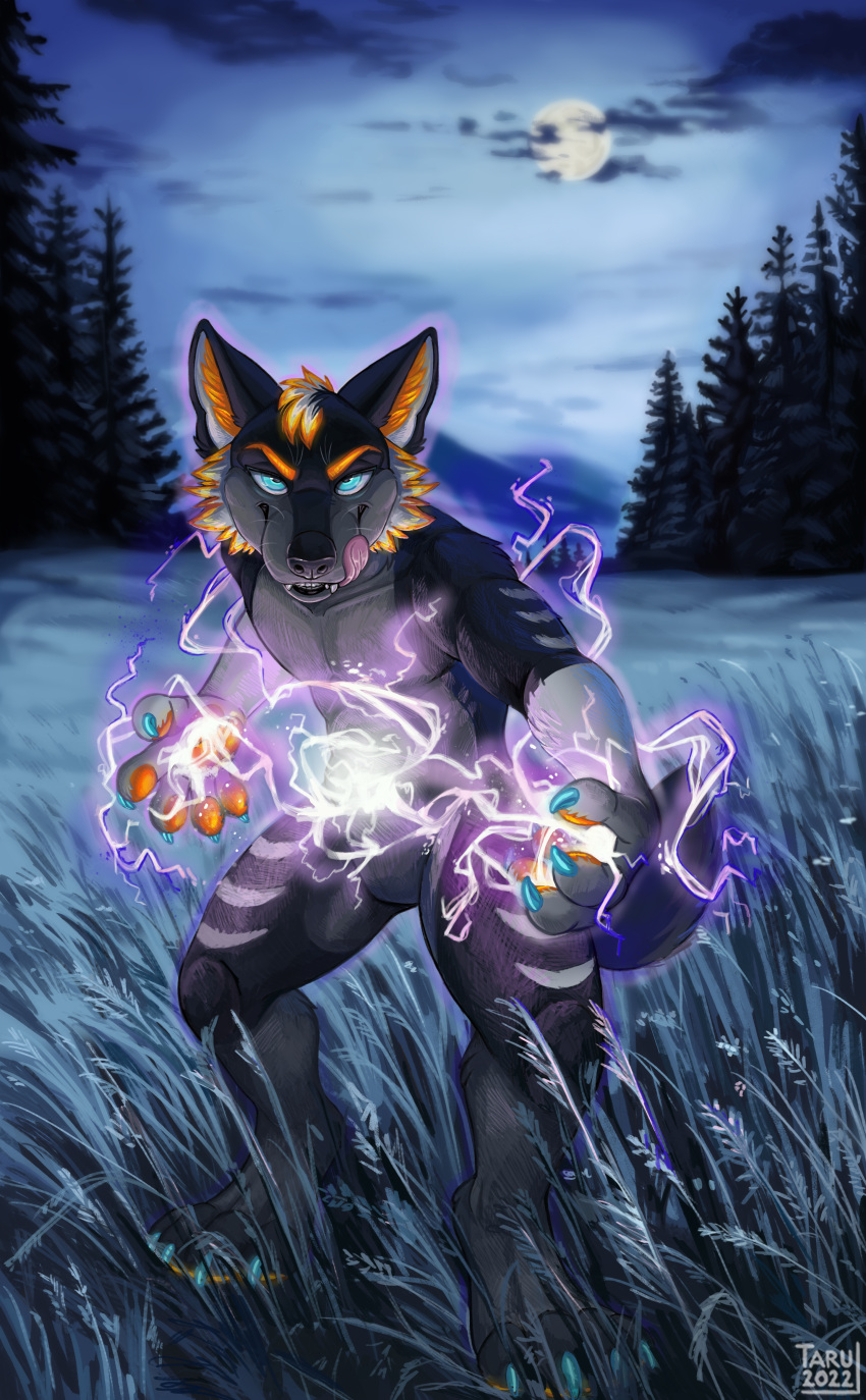 2022 absurd_res anthro athoswolf1337 aura bedroom_eyes belly black_body black_fur black_nose blue_claws blue_eyes canid canine canis claws cloud corona_discharge detailed detailed_background detailed_fur digital_drawing_(artwork) digital_media_(artwork) digitigrade electric electricity electricity_ball eyebrows fantasy forest fur gloves_(marking) glowing glowing_body glowing_claws glowing_eyes glowing_fur glowing_pawpads glowing_silhouette grass grey_belly grey_body grey_fur hair hi_res licking looking_at_viewer magic male mammal markings meadow mischievous mischievous_smile moon mountain multicolored_body multicolored_ears multicolored_fur multicolored_hair multicolored_tail muscular narrowed_eyes night orange_body orange_eyebrows orange_fur orange_pawpads pawpads plant purple_glow purple_spark seductive self_lick shaded solo spread_legs spreading stripes supernatural tarumeow teeth text tongue tongue_out tree url whiskers white_body white_fur white_stripes wolf