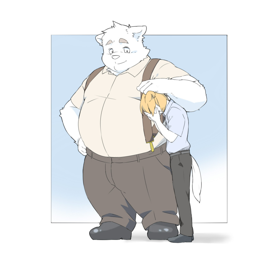 2022 anthro belly big_belly bottomwear canid canine canis clothing domestic_dog duo hi_res humanoid_hands inunoshippo kemono male mammal overweight overweight_male pants shirt size_difference suspenders topwear