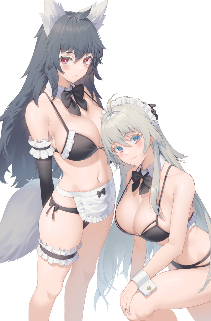 2girls absurdres ahoge animal_ears apron arm_garter arms_behind_back bare_arms bare_shoulders bikini black_bikini black_bow black_bowtie black_gloves black_hair blue_eyes bow bowtie breasts bridal_garter cleavage closed_mouth dated_commentary detached_collar elbow_gloves feet_out_of_frame fox_ears fox_girl fox_tail frilled_garter gloves grey_hair highres hop3 large_breasts leaning_forward long_hair looking_at_viewer maid maid_bikini maid_headdress medium_breasts multiple_girls navel one_knee original red_eyes side-tie_bikini_bottom simple_background smile standing string_bikini swimsuit tail thighs white_apron white_background white_wrist_cuffs wrist_cuffs