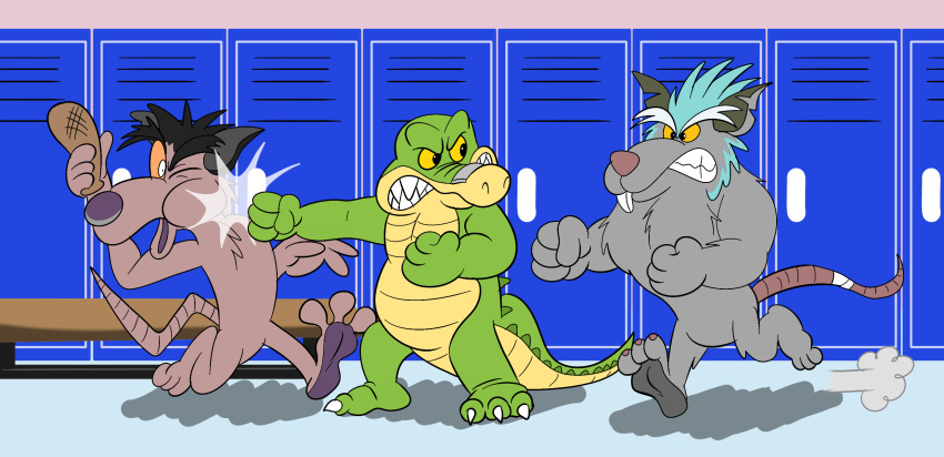 2021 3_toes 4_fingers alligator alligatorid angry anthro blue_hair brok_(character) brok_the_investigator crocodilian dart_(brok_the_investigator) feet fight fingers fur green_body grey_body grey_fur group hair hi_res jolly_the_lizard jollyville kins_(brok_the_investigator) locker_room male mammal murid murine punch rat reptile rodent scalie toes video_games