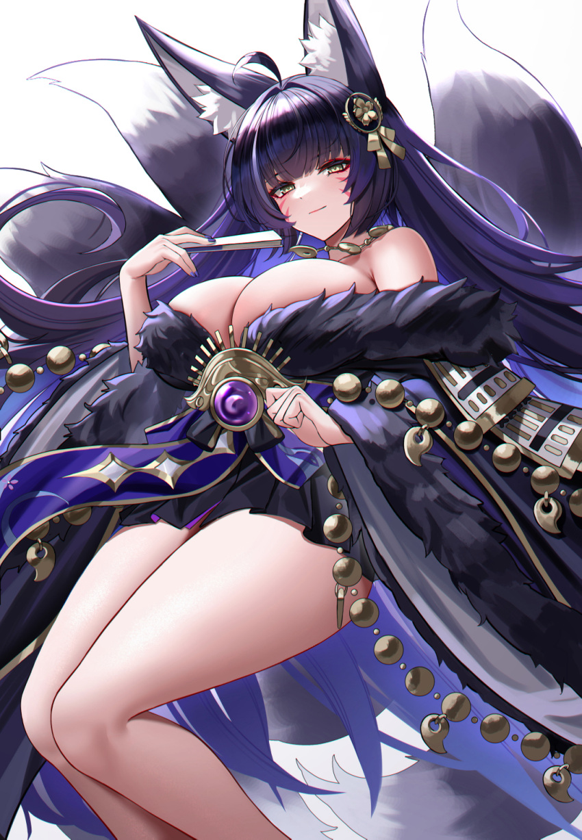 1girl animal_ears azur_lane bangs bare_shoulders black_hair breasts closed_mouth duplicate eternity_(shadeh) facial_hair feet_out_of_frame folding_fan fox_ears fox_girl fox_tail hair_ornament hand_fan highres holding holding_fan japanese_clothes jewelry large_breasts long_hair long_sleeves looking_at_viewer musashi_(azur_lane) nail_polish necklace off_shoulder pixel-perfect_duplicate purple_nails simple_background smile solo tail thighs white_background yellow_eyes