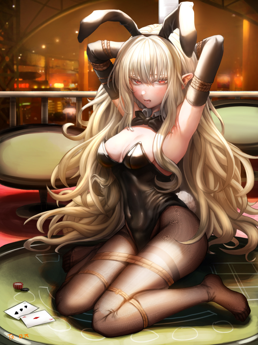 1girl 2021 absurdres armpits arms_behind_head arms_up bangs black_bow black_leotard black_pantyhose blonde_hair bow breasts detached_collar detached_sleeves dungeon_and_fighter hair_between_eyes highres indoors leotard long_hair long_sleeves nompang original pantyhose playboy_bunny poker poker_chip poker_table red_eyes restrained sitting small_breasts solo table thighs very_long_hair